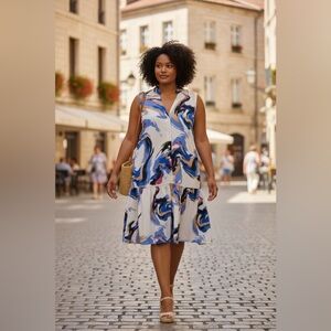 Nine West XXL Abstract Print Sleeveless Dress Blue Ivory Drop Waist Button Front